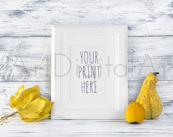 Photography and Design Mock-up, Instant download, Halloween Mockup, White Frame with Pumpkin and Autumn Leaves, Frame Stock Photography