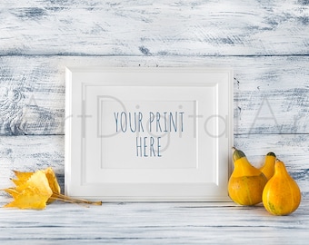 Photography and Design Mock-up, Instant download, Halloween Mockup, White Frame with Pumpkin and Autumn Leaves, Frame Stock Photography