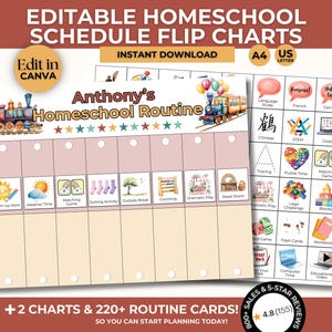 May include: Homeschool schedule flip charts with the text "Editable Homeschool Schedule Flip Charts" and "Anthony's Homeschool Routine." The charts include illustrations of a train, sun, and various educational activities. The charts are designed for instant download.