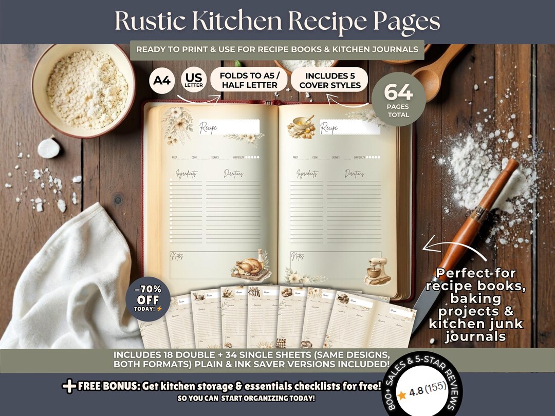 Rustic Kitchen Recipe Pages Printable PDF, Farmhouse Recipe Book Sheets ...