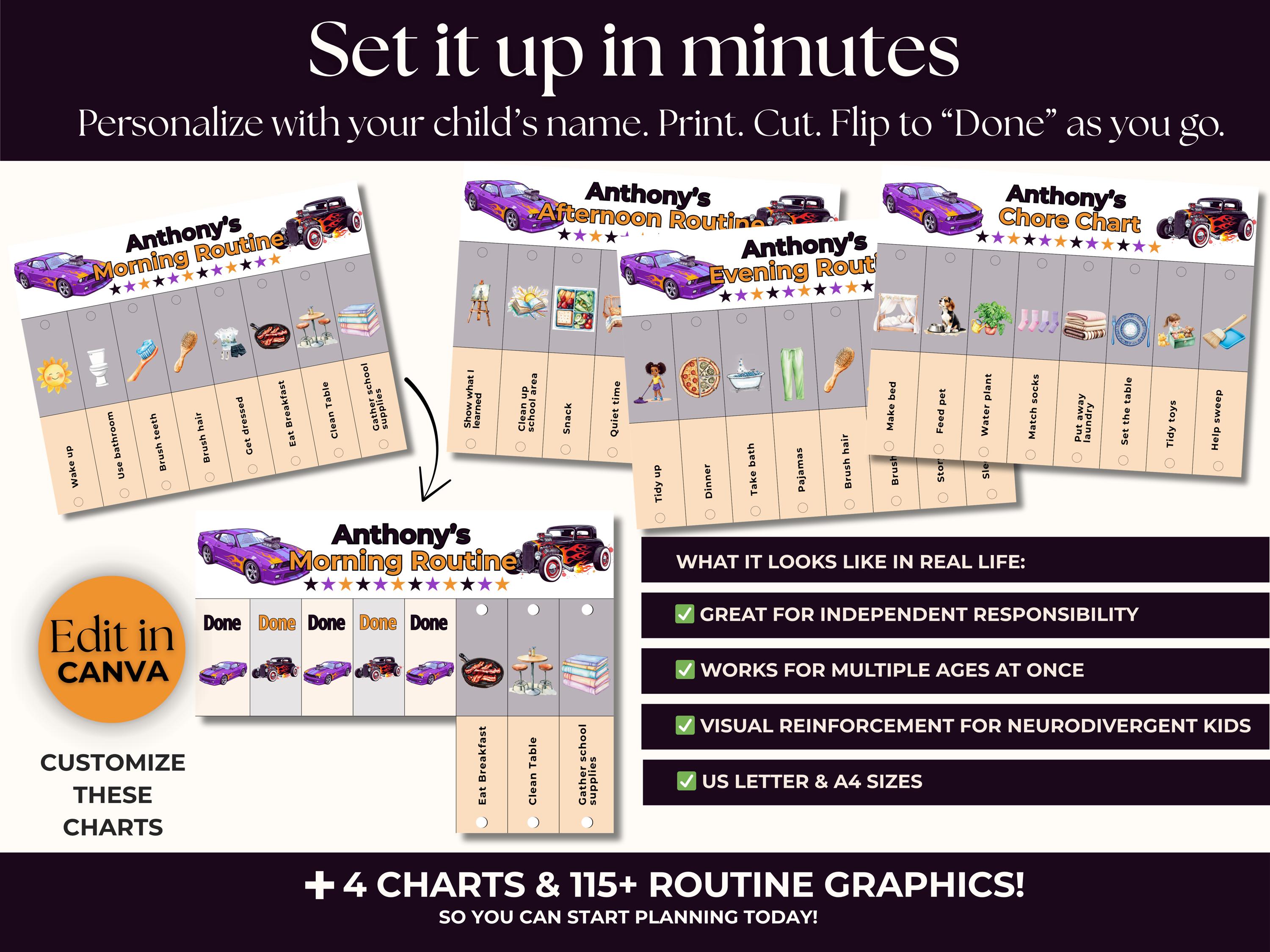 Editable Kids Routine Flip Charts, Toddler Visual Schedule, Hot Cars ...