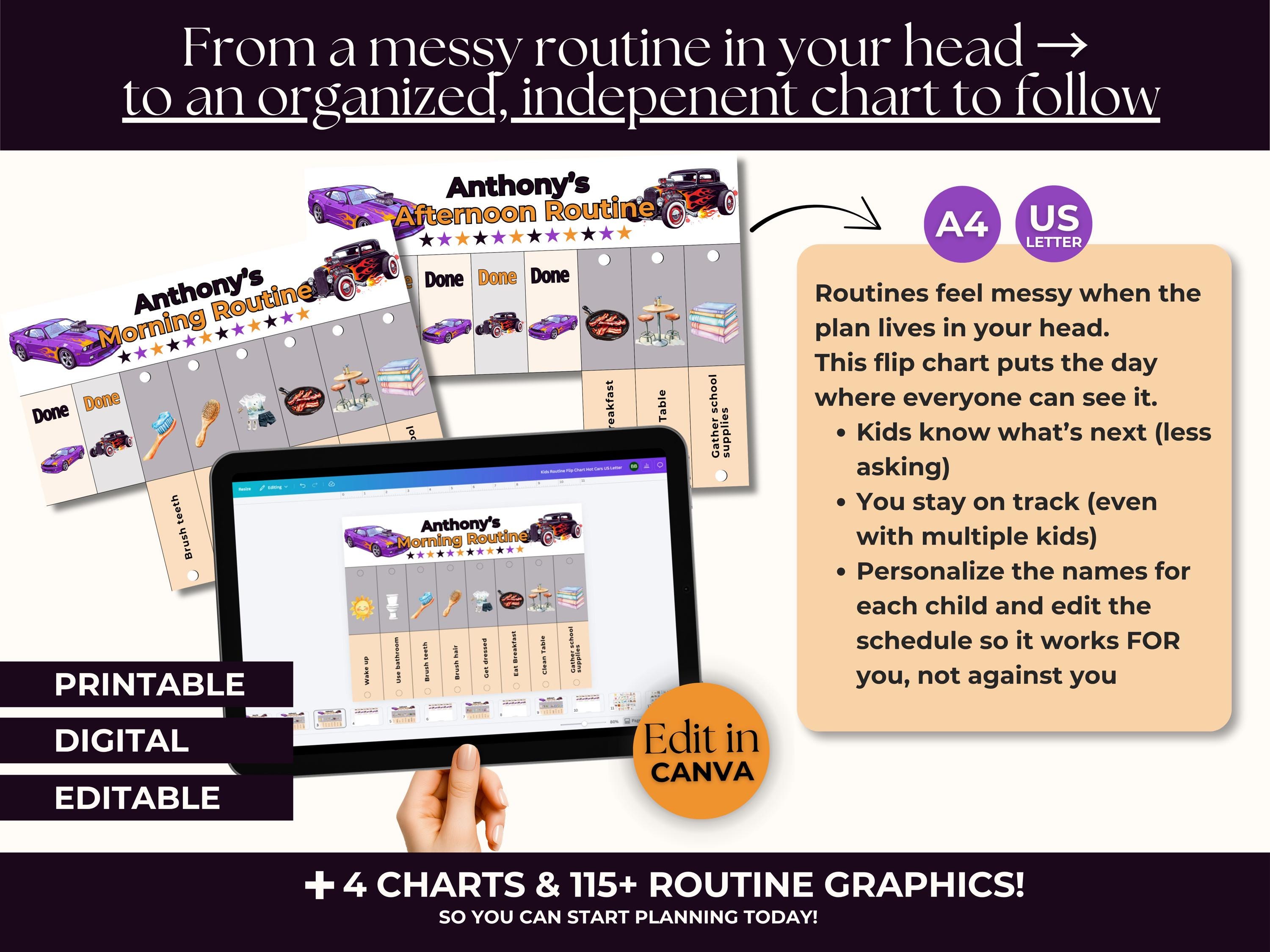 Editable Kids Routine Flip Charts, Toddler Visual Schedule, Hot Cars ...