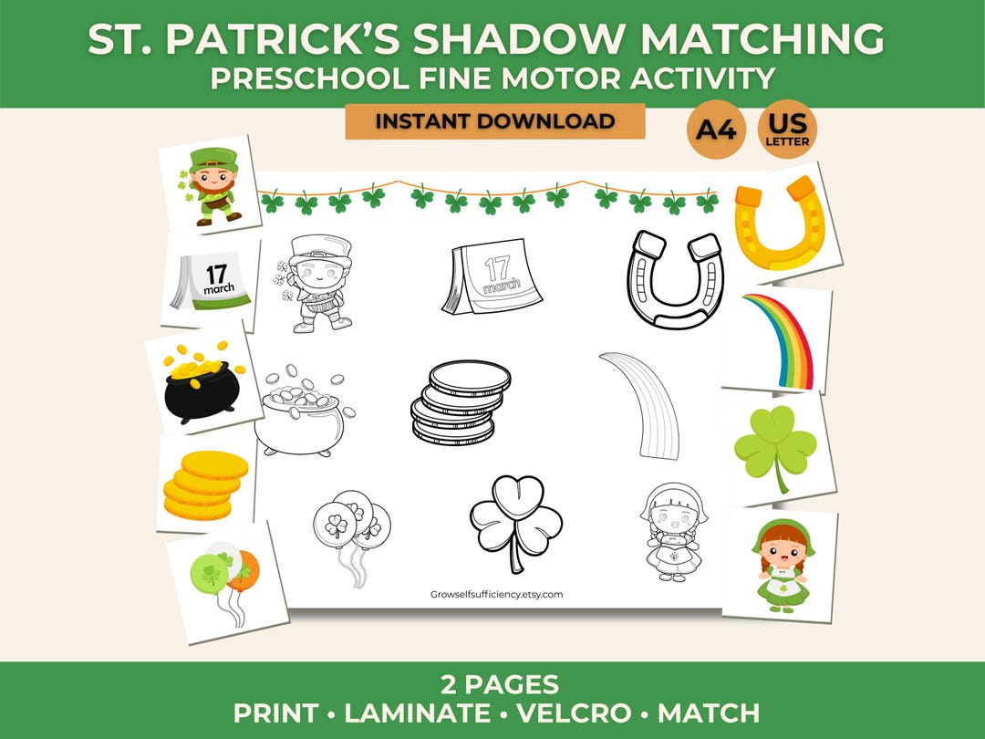 St. Patrick's Day Shadow Matching Activity, Preschool Fine Motor Game ...