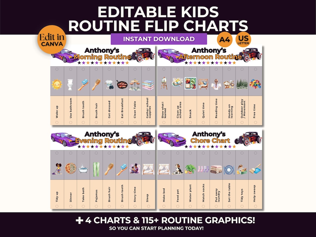 Editable Kids Routine Flip Charts, Toddler Visual Schedule, Hot Cars ...