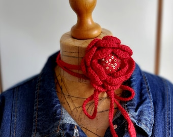 Crochet red rose choker, rose neckpiece, crochet flower lariat.