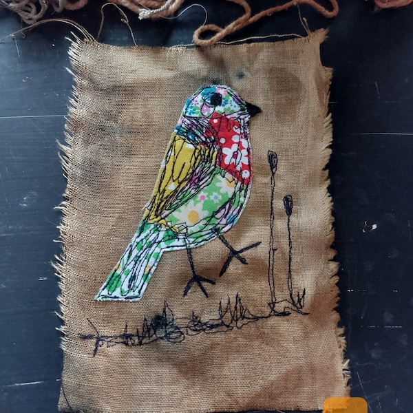 Bird free motion embroidered piece, bird applique, embroidered fabric piece.