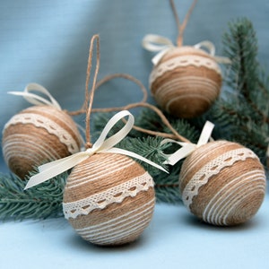 Jute Christmas ornaments decorated jute twine ivory lace/Rustic/primitive home/Farmhouse christmas tree/wreath/garland/mantel decorations