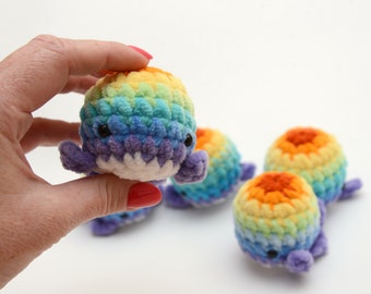 Soft plush rainbow whale, Crocheted amigurumi stress ball, Anxiety relief. Squishy velvet whale worry pet, Stuffed desk mate. Pride crochet