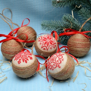 Jute Weihnachtsbaumschmuck 6er Set. Primitive, rustikale Weihnachtsdekoration.