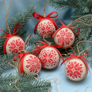 Jute Christmas ornaments set of 6. Ukrainian embroidered Christmas tree decorated jute ornaments. Primitive, Rustic, boho home holiday decor
