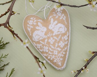 White cute bunnies Easter decoration, hanging heart with two white bunnies, Car mirror charm, embroidered heart ornament, tiered tray decor