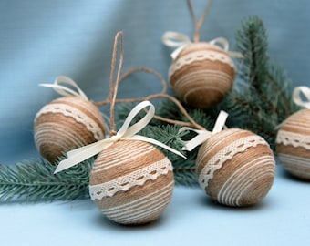 Handmade Jute Christmas Ornaments with ivory Lace & Bow