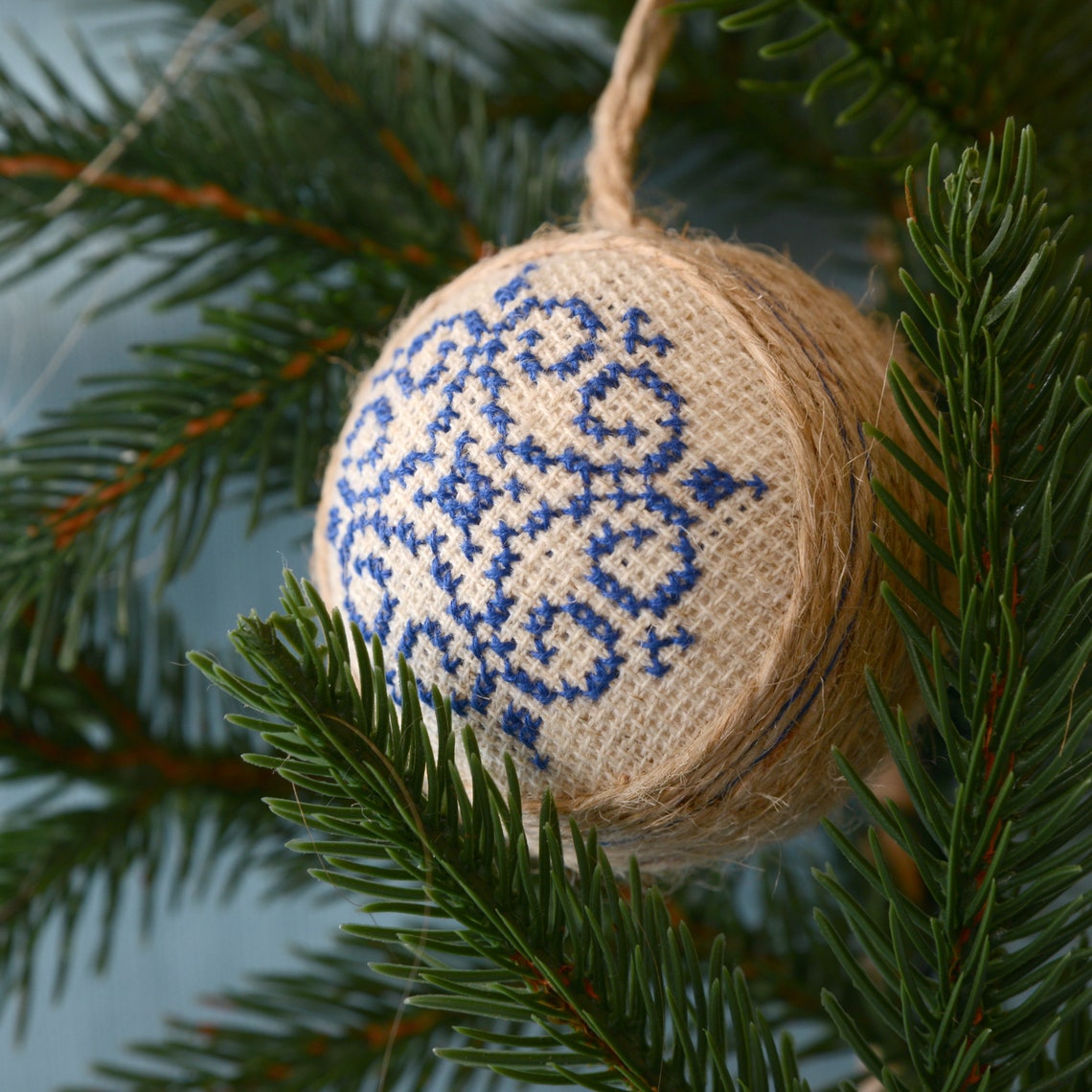 Jute Christmas ornaments set of 5 Hand embroidered blue Etsy