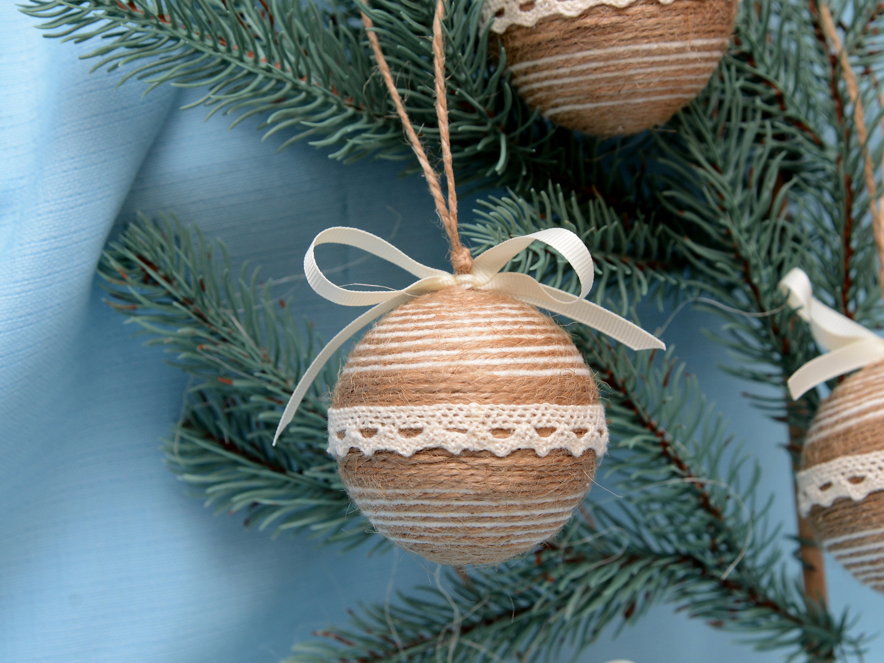 Jute Christmas Ornaments Decorated Jute Twine Ivory Etsy