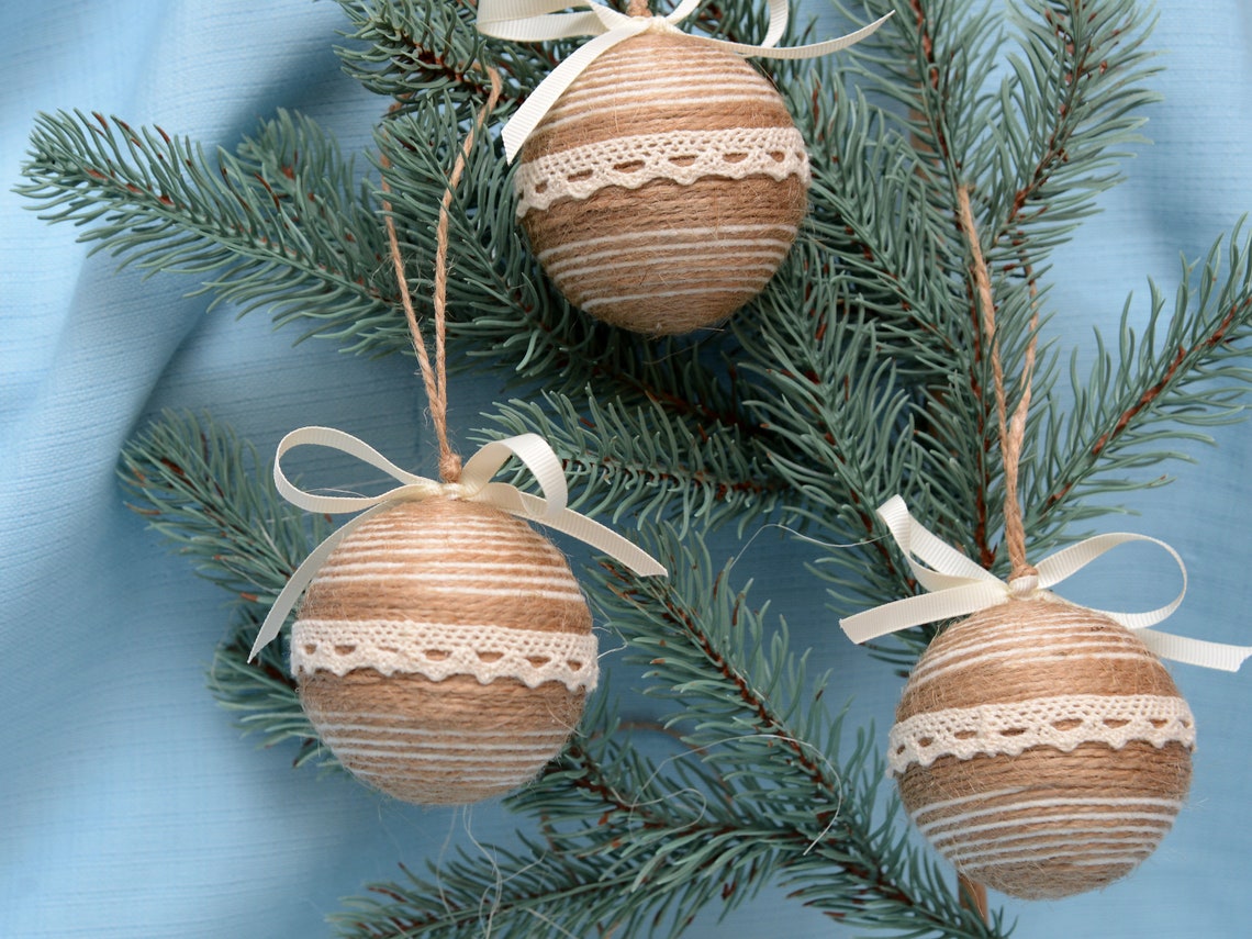 Jute Christmas Ornaments Decorated Jute Twine Ivory Etsy