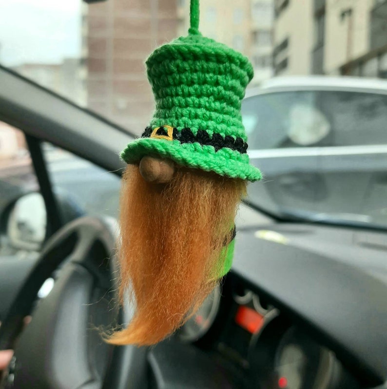 Mini leprechaun gnome, car rear view mirror charm, St. Patrick's day lucky gnome, tiered tray decor, St. Paddy's green spring leprechaun.. image 1