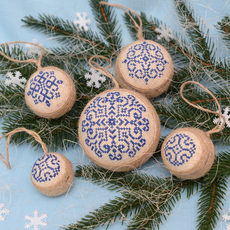 Jute Christmas ornaments set of 5 Hand embroidered blue Etsy