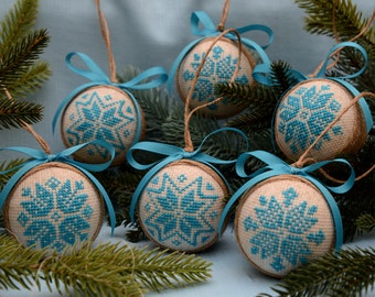 Jute Christmas ornament light blue. Ukrainian embroidered Christmas tree decorated jute ornaments. Primitive, Rustic boho home holiday decor