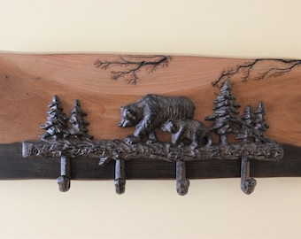 Bear and Cub Wall Hook- Rustic Beech w/ Lichtenberg Figuring