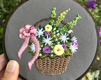 BASKET of FLOWERS, embroidery hoop art, yellow roses, purple flowers, daisies, gifts for her, farmhouse art, garden art, floral arrangement