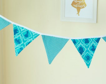 ALICE in WONDERLAND themed bunting, dark blue and turquoise, bunting flags, pennant banner, tea party decor, nursery, birthday party