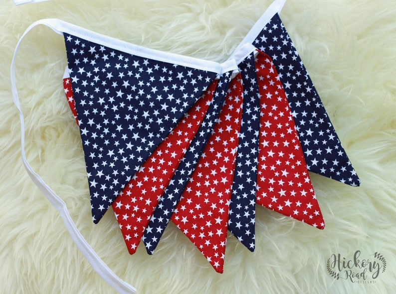 blue party decor Fourth of July July 4th pennant banner white red independence day stars flags BUNTING