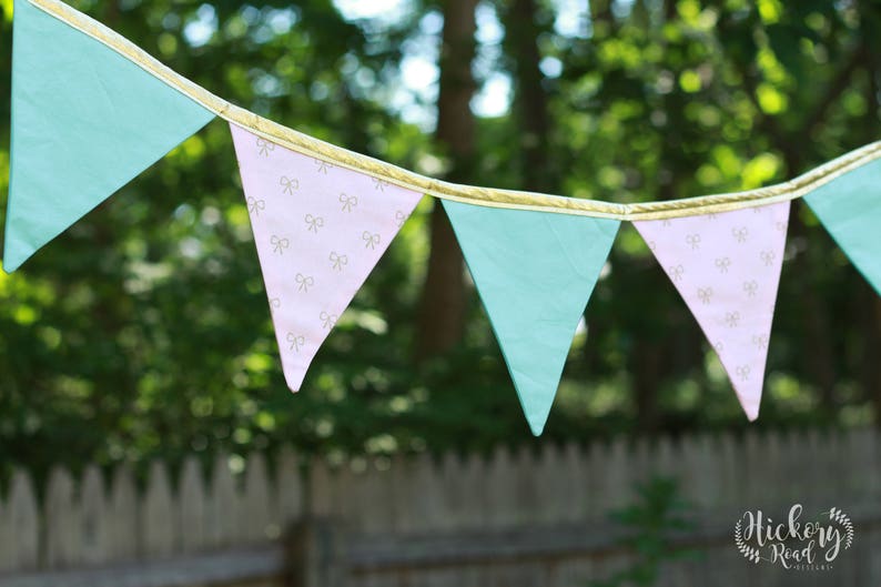 baby shower gift baby girl girls room metallic gold PINK and AQUA girls nursery pennant banner girls birthday BUNTING gold bows