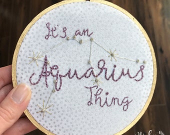 AQUARIUS embroidery hoop art, birthday gift, amethyst, horoscope, astrology, gift ideas, january birthday, february birthday