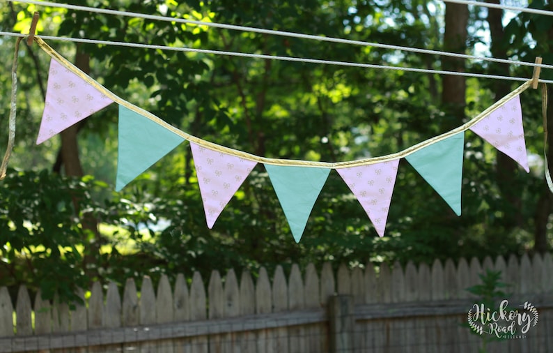 baby shower gift baby girl girls room metallic gold PINK and AQUA girls nursery pennant banner girls birthday BUNTING gold bows