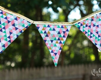 GEOMETRIC, COLORFUL, GOLD, bunting, pennant banner, college dorm, kids room, teens room, nursery decor, birthday gift, whimsical decor