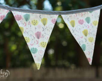 MOD, FLORAL, bunting, pennant banner, garland, flags, mod, flowers, girls room, baby shower, girl nursery, gray, pink, aqua, lime