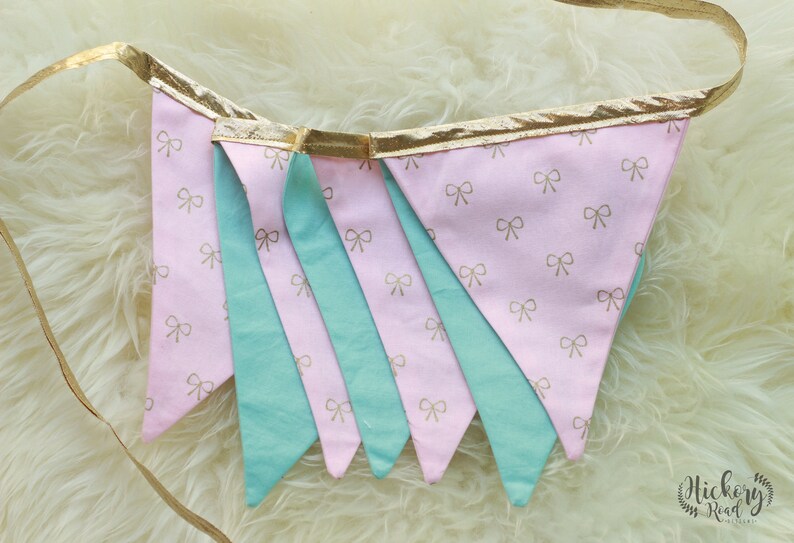 baby shower gift baby girl girls room metallic gold PINK and AQUA girls nursery pennant banner girls birthday BUNTING gold bows