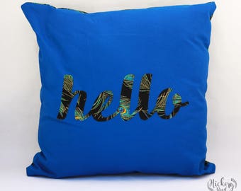 HELLO, PEACOCK, PILLOW cover, throw pillow, blue, black, gold, living room decor, dorm decor, college dorm, teen room, gifts for her