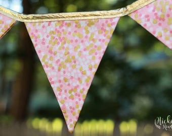 PINK, CORAL, GOLD, bunting, pennant banner, girls room, girls, pink nursery, decor, pink and gold, party decor, baby photo prop, dorm, teen