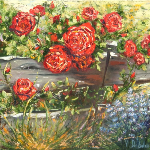 Red Roses,painting Oil painting on canvas, 60 cm x 70 cm, Queen Roses,red and gray,  red and green,  palette knife Abstract Flowers Original