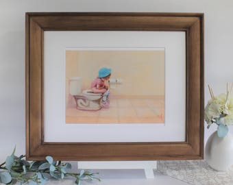 Child on Potty, Fine Art Print, Bathroom Decor, Oil Painting