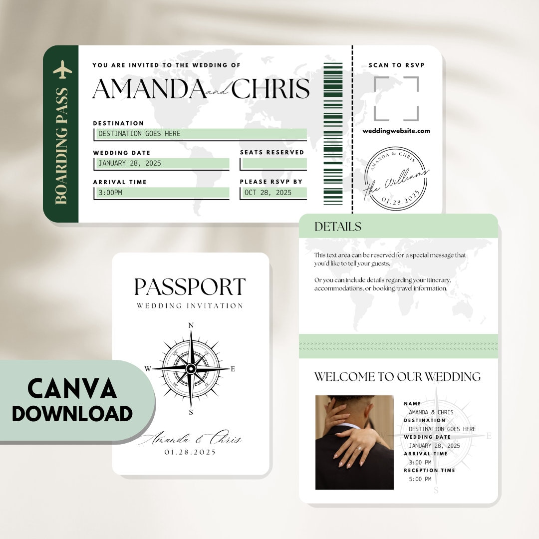 Destination Wedding Invitation Template| Passport \u0026 Boarding Pass Download  for Print or Digital Evite, Edit on Canva, Travel Theme - Etsy, image size:1080x1080