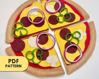 May include: A felt pizza play set with six pieces, featuring pepperoni, green peppers, onions, and mushrooms. The pizza is divided into six slices, each with different toppings. The pizza is made of felt and is a great toy for children.