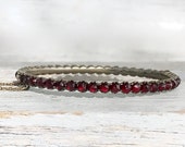 Taglio antica vittoriana Rosa granato bracciale a battente d'argento con catena