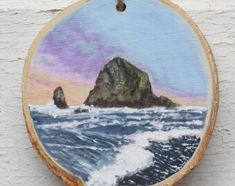 Hand-painted wood slice landscape ornament