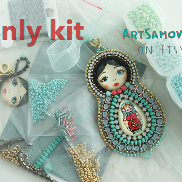 Embroidery kit of matryoshka doll pendant for beginners.Blue and flowers babushka kit .