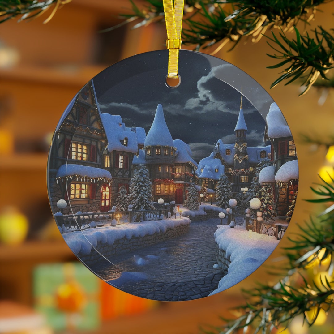 Traditional Snowy Christmas Scene Glass Tree Ornament Decoration Etsy