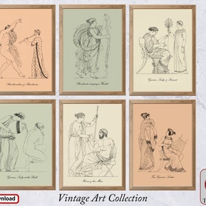 May include: Six vintage illustrations of Greek women in various poses, including a woman playing a flute, a woman carrying a basket, a woman with a fan, a woman at the bath, a woman with a staff, and two women playing a lyre. The illustrations are in black and white and have a vintage aesthetic.