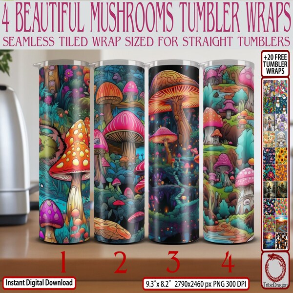 4 Beautiful Colorful Mushrooms Skinny 20oz Tumbler Seamless Tiled Wraps PNG Toadstool Sublimation Bundle Digital Download