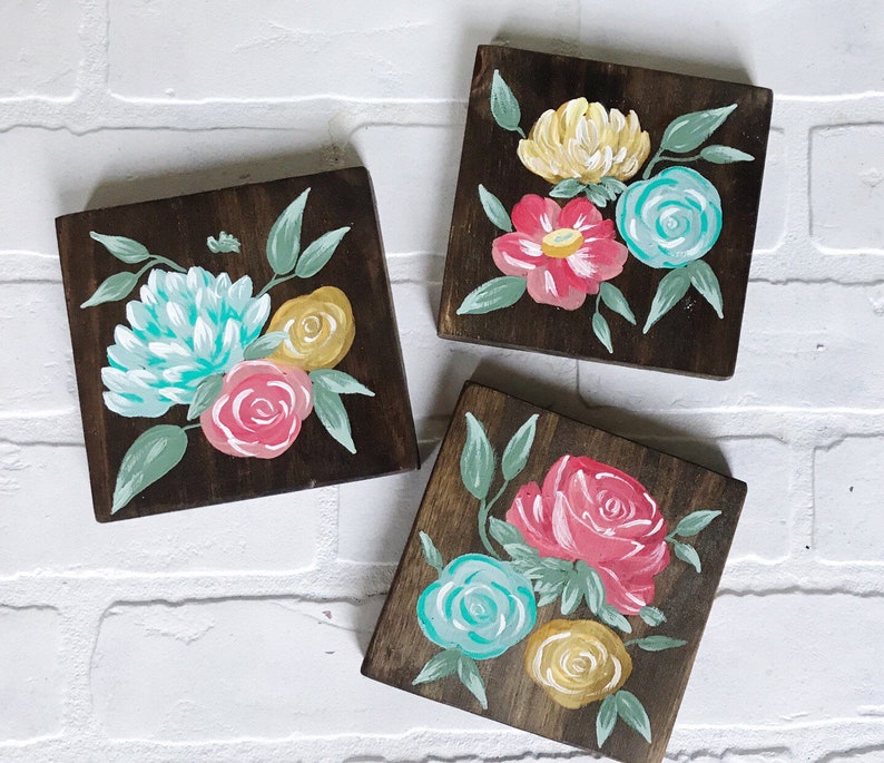 Floral Wood Blocks Pioneer Woman Floral Gallery Wall Decor | Etsy
