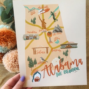 Alabama Landmarks Art Print, Physical Art Print, State of Alabama 8x10, Alabama Map Art