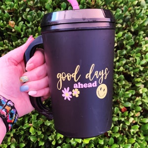 Retro Jumbo Thermos Mug, Good days ahead, happy face mug, Hand-lettered Cup, Summer Drink Cup, Mega Mug