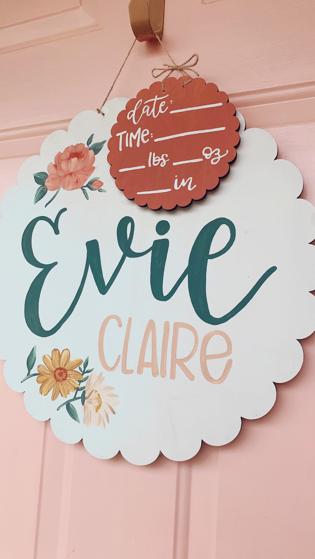 Boho Floral Hospital Door Hanger, Baby Girl Door Hanger, Scallop Edge