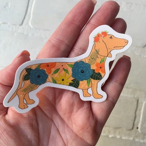 Dachshund Stickers, Floral Weenie Dog Waterproof Sticker, Doxie Sticker, Dog lover Sticker