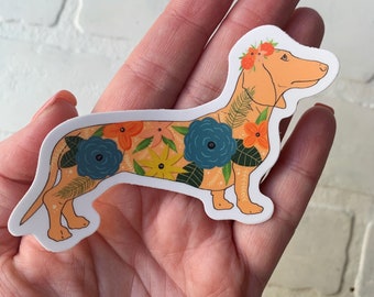 Dachshund Stickers, Floral Weenie Dog Waterproof Sticker, Doxie Sticker, Dog lover Sticker